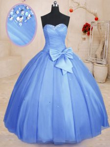 Graceful Beading and Bowknot Quinceanera Dress Light Blue Lace Up Sleeveless Floor Length