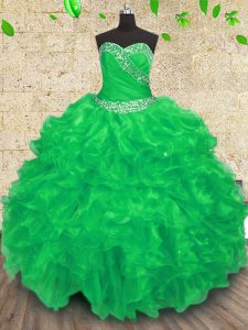 Edgy Green Sleeveless Floor Length Beading and Appliques and Ruffles and Ruching Lace Up Sweet 16 Dress