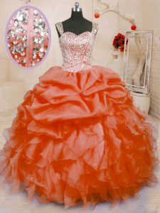 Organza Straps Sleeveless Lace Up Beading and Ruffles and Pick Ups Quince Ball Gowns in Orange Red