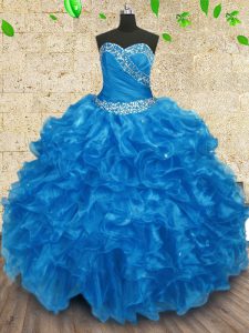 Floor Length Lace Up Quinceanera Gowns Baby Blue for Military Ball and Sweet 16 and Quinceanera with Beading and Ruching