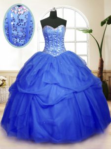 Dynamic Blue Tulle Lace Up Sweetheart Sleeveless Floor Length Vestidos de Quinceanera Sequins and Pick Ups
