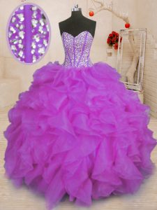 Superior Purple Sleeveless Organza Lace Up Sweet 16 Dresses for Military Ball and Sweet 16 and Quinceanera