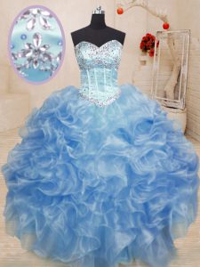 Exquisite Light Blue Ball Gowns Organza Sweetheart Sleeveless Beading and Ruffles Floor Length Lace Up Sweet 16 Quinceanera Dress