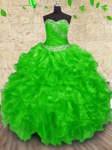 Charming Organza Lace Up Ball Gown Prom Dress Sleeveless Floor Length Beading and Appliques and Ruffles and Ruching