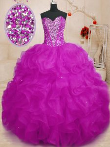 Fuchsia Sleeveless Floor Length Beading and Ruffles Lace Up Quinceanera Gowns