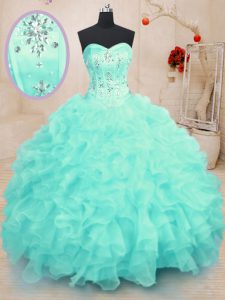 Superior Turquoise Organza Lace Up Sweetheart Sleeveless Floor Length Quinceanera Dress Beading and Ruffles