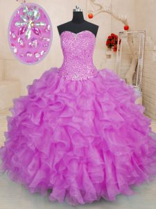 Enchanting Fuchsia Ball Gowns Sweetheart Sleeveless Organza Floor Length Lace Up Beading and Ruffles Sweet 16 Dress