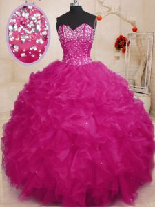 Beauteous Fuchsia Ball Gown Prom Dress Military Ball and Sweet 16 and Quinceanera and For with Beading and Ruffles Sweetheart Sleeveless Lace Up