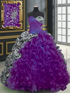 Glorious With Train Purple Sweet 16 Quinceanera Dress Organza and Printed Brush Train Sleeveless Beading and Ruffles and Pattern