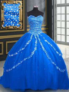 Deluxe Beading and Appliques 15 Quinceanera Dress Blue Lace Up Sleeveless With Brush Train