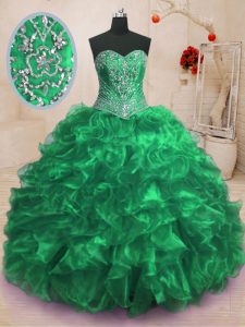 Smart Green Lace Up Sweetheart Beading and Ruffles 15th Birthday Dress Organza Sleeveless Sweep Train