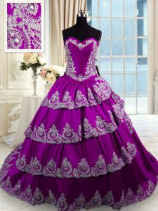 With Train Lace Up Quinceanera Gown Eggplant Purple for Military Ball and Sweet 16 and Quinceanera with Beading and Appliques and Ruffled Layers