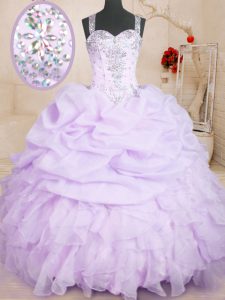 Lavender Organza Lace Up Straps Sleeveless Floor Length 15 Quinceanera Dress Beading and Ruffles and Pick Ups