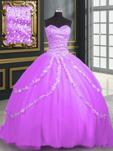Dazzling Sweetheart Sleeveless Quinceanera Dress With Brush Train Beading and Appliques Lilac Tulle