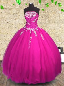 Low Price Fuchsia Strapless Neckline Appliques and Ruching 15 Quinceanera Dress Sleeveless Lace Up