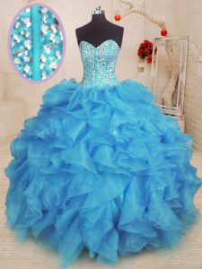 Artistic Baby Blue Lace Up Sweet 16 Dress Beading and Ruffles Sleeveless Floor Length