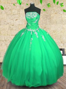 Artistic Green Ball Gowns Strapless Sleeveless Tulle Floor Length Lace Up Embroidery and Ruching Quinceanera Gown