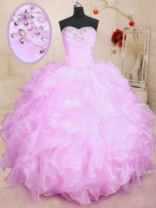 Sweetheart Sleeveless Quinceanera Dress Floor Length Beading and Ruffles Lilac Organza