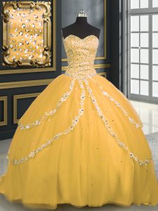 Excellent Gold Ball Gowns Beading and Appliques Vestidos de Quinceanera Lace Up Tulle Sleeveless With Train
