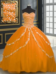 Modern Sleeveless Brush Train Beading and Appliques Lace Up Sweet 16 Quinceanera Dress