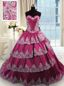 Top Selling Sweetheart Sleeveless Quince Ball Gowns With Train Court Train Beading and Appliques and Ruffled Layers Fuchsia Taffeta