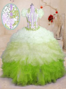 Beading and Appliques and Ruffles Sweet 16 Dress Multi-color Lace Up Sleeveless With Brush Train