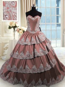 Admirable Sleeveless With Train Beading and Appliques and Ruffled Layers Lace Up 15 Quinceanera Dress with Brown Court Train