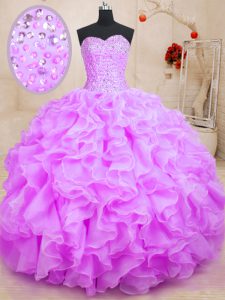 Graceful Sleeveless Floor Length Beading and Ruffles Lace Up Sweet 16 Quinceanera Dress with Lilac