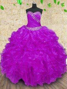 Purple Halter Top Lace Up Beading and Ruffles and Ruching Ball Gown Prom Dress Sleeveless