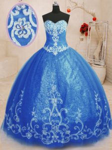 Floor Length Lace Up Quinceanera Dresses Blue for Military Ball and Sweet 16 and Quinceanera with Beading and Appliques