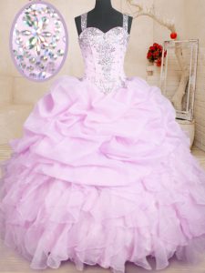 Stunning Lilac Straps Lace Up Beading and Ruffles and Pick Ups Quinceanera Gown Sleeveless