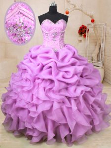 High Quality Lilac Sleeveless Beading and Ruffles and Pick Ups Floor Length Ball Gown Prom Dress