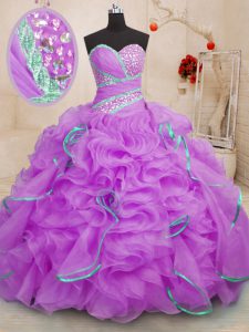 Custom Fit Lilac Sweetheart Lace Up Beading and Ruffles Quinceanera Dress Brush Train Sleeveless