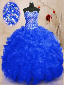 High Quality Sequins Sweetheart Sleeveless Lace Up Ball Gown Prom Dress Royal Blue Organza