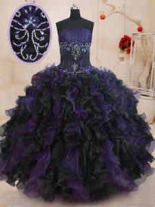 Modern Strapless Sleeveless Quince Ball Gowns Floor Length Beading and Ruffles Black And Purple Organza