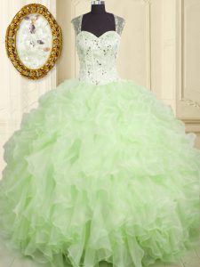 Superior Yellow Green Organza Lace Up Straps Sleeveless Floor Length 15th Birthday Dress Beading and Ruffles