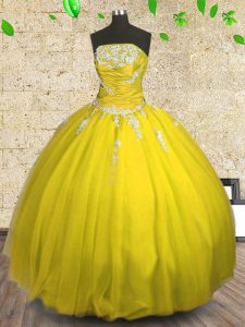 Custom Designed Yellow Ball Gowns Tulle Strapless Sleeveless Appliques and Ruching Floor Length Lace Up Quinceanera Gowns