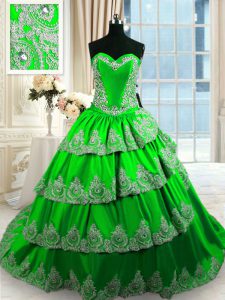 Taffeta Lace Up Quinceanera Dresses Sleeveless With Train Court Train Beading and Appliques and Ruffled Layers