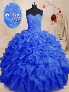 Sweetheart Sleeveless Sweet 16 Dress Floor Length Beading and Ruffles Royal Blue Organza