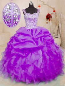 Purple Straps Neckline Beading and Ruffles and Pick Ups Sweet 16 Quinceanera Dress Sleeveless Lace Up