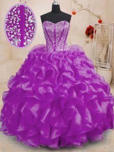Floor Length Purple Quinceanera Gown Organza Sleeveless Beading and Ruffles