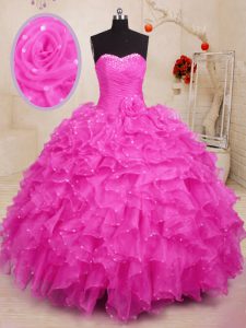 Super Hot Pink Organza Lace Up Sweet 16 Dress Sleeveless Floor Length Beading and Ruffles and Hand Made Flower