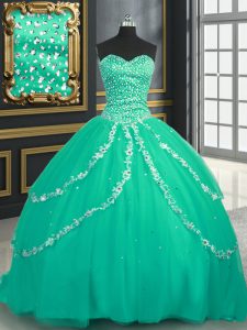 Turquoise Lace Up Sweetheart Beading and Appliques Vestidos de Quinceanera Tulle Sleeveless Brush Train