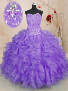 Lavender Sleeveless Floor Length Beading and Ruffles Lace Up 15th Birthday Dress
