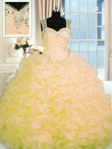 Floor Length Zipper Sweet 16 Quinceanera Dress Gold for Military Ball and Sweet 16 and Quinceanera with Beading and Ruffles