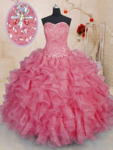 Pink Organza Lace Up Quinceanera Dresses Sleeveless Floor Length Beading and Ruffles