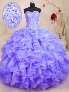 Sleeveless Floor Length Beading and Ruffles Lace Up Quinceanera Gown with Lavender