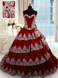 Sleeveless Taffeta With Train Court Train Lace Up Quinceanera Dresses in Wine Red with Beading and Appliques and Ruffled Layers