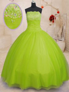 Tulle Strapless Sleeveless Lace Up Beading Sweet 16 Dress in Yellow Green
