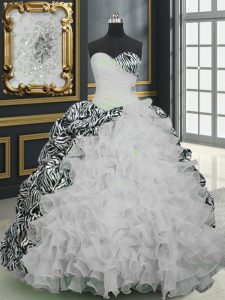 High Class White Sleeveless Organza and Printed Brush Train Lace Up 15 Quinceanera Dress for Military Ball and Sweet 16 and Quinceanera